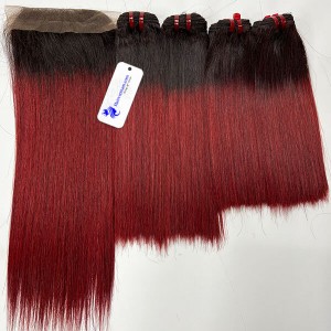 Ombre red human hair bundles with closure