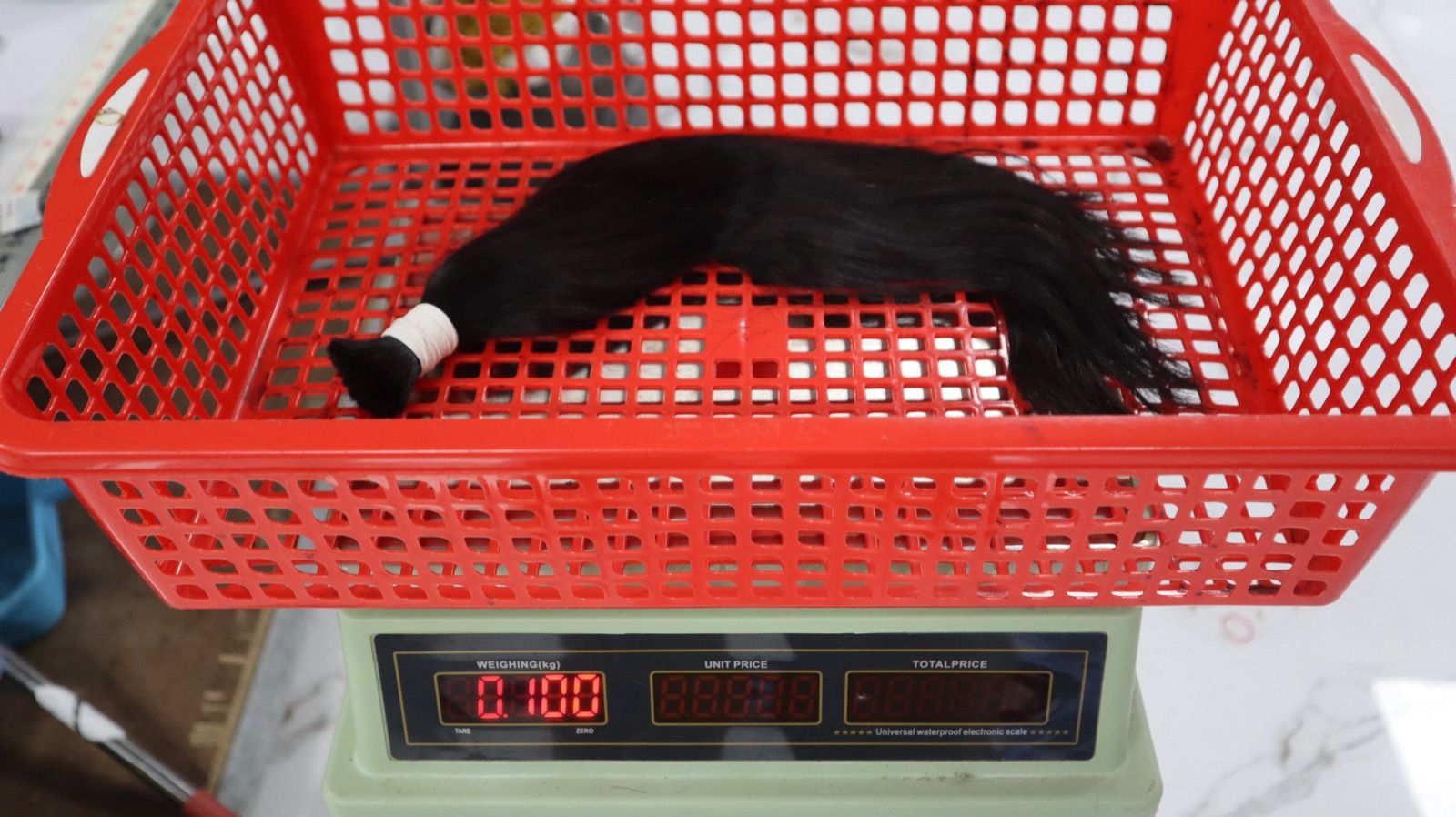 A single bundle of dark hair on a digital scale reading 0.100 kg